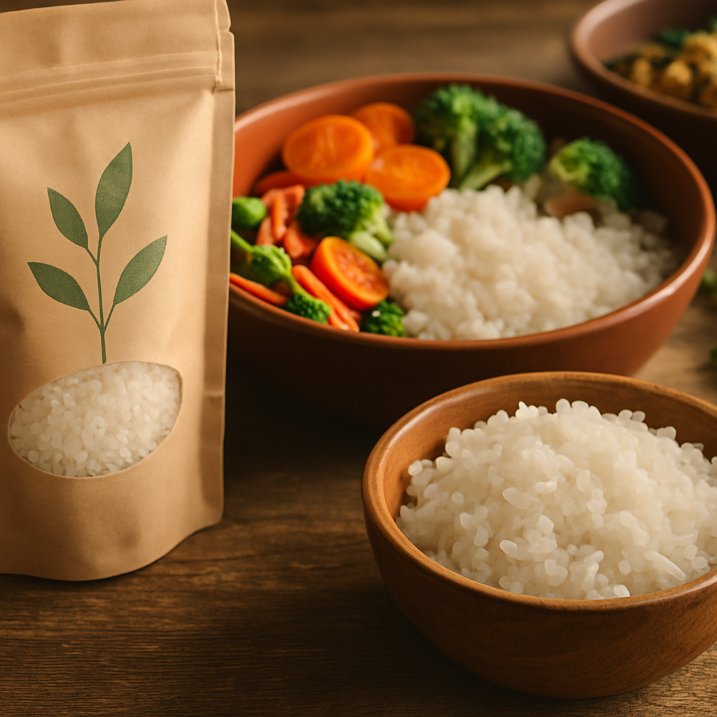 Desain kemasan beras porang diet shirataki yang menarik dan ramah lingkungan